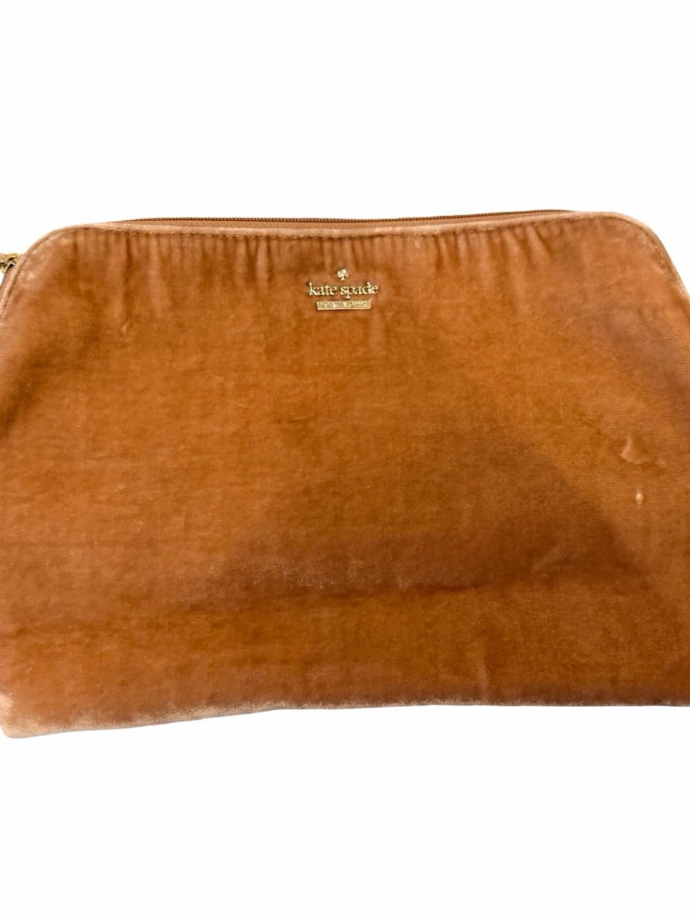 kate spade Tan Velvet Zip Clutch with Gold Logo